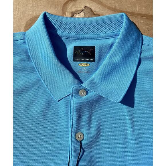 GREG NORMAN Polo Shirt Dri-Fit Golf Shark Logo Men's Blue SIZE Large - New - Picture 4 of 8